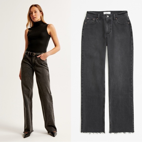 Abercrombie & Fitch Women’s The Baggy Low Rise Jeans Raw Hem in Black 25/0R - Picture 16 of 16